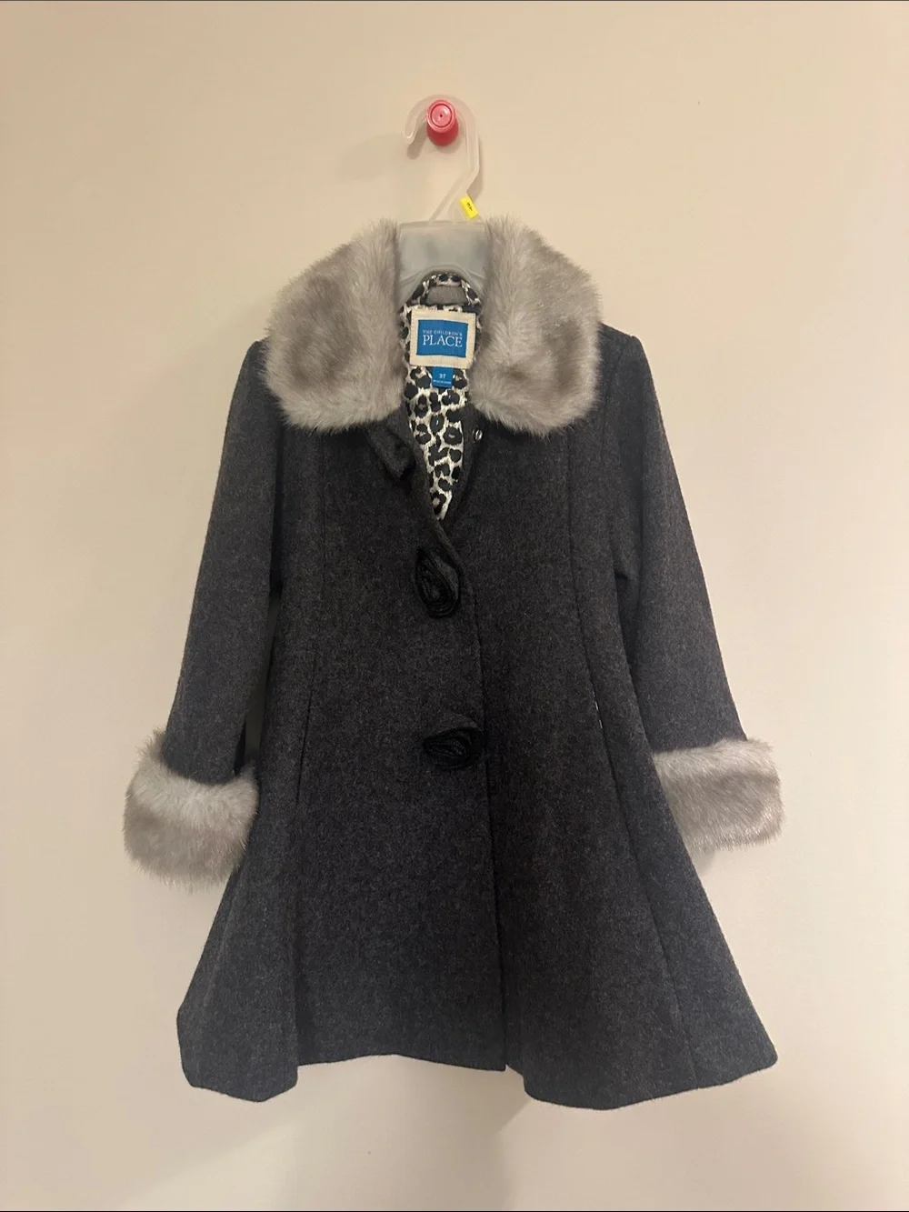 The Children's Place Dark Gray Girls' Wool-Blend Pea Coat with Faux-Fur Trim